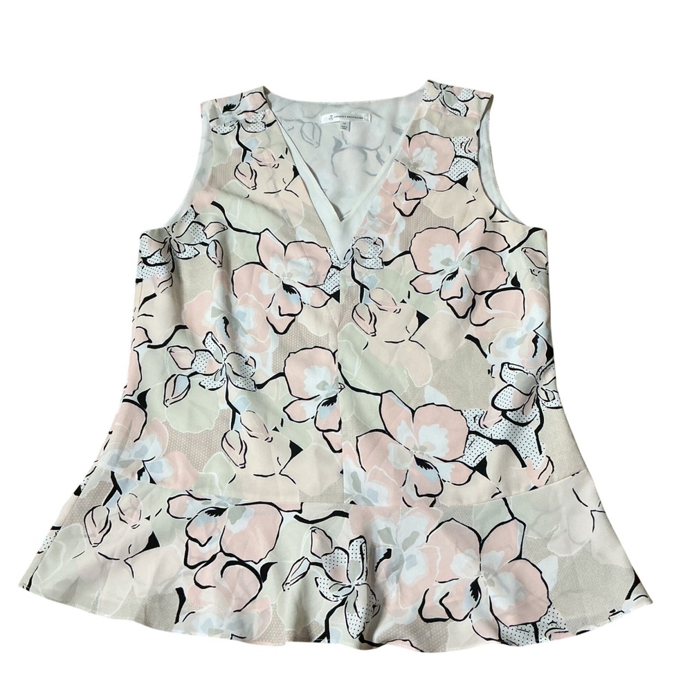Brooks Brothers Preppy Floral Peplum V-Neck Sleeveless Blouse Pink Cream Size 10